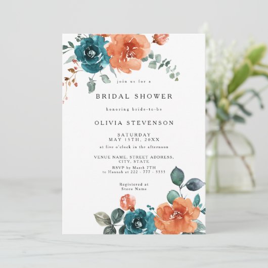 Verbrande Sinaasappel Blauwgroen Bloemen Bruidsdou Kaart (Staand voorkant)