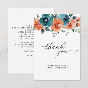 Verbrande Sinaasappel Blauwgroen Bloemen Waterverf Bedankkaart