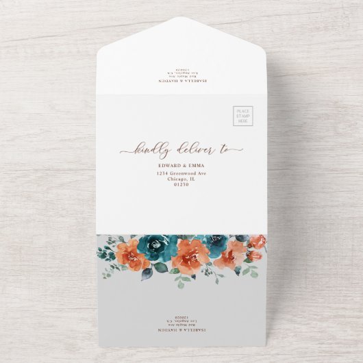 Verbrande Sinaasappel Blauwgroen bloemenbruiloft a All In One Uitnodiging (Buitenkant)