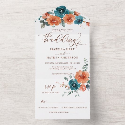 Verbrande Sinaasappel Blauwgroen bloemenbruiloft a All In One Uitnodiging (Binnen)