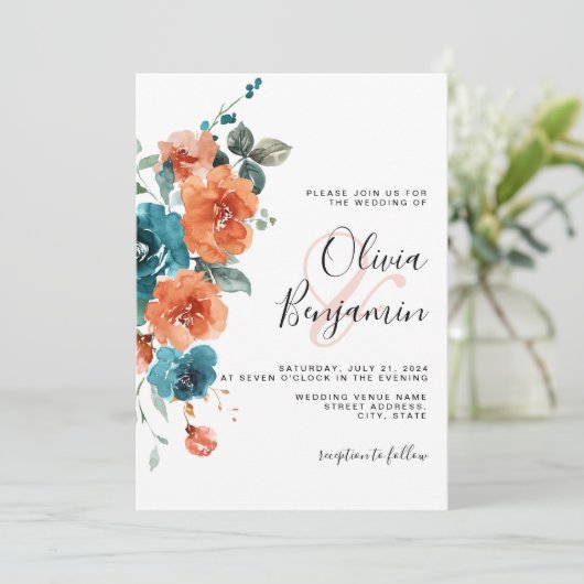 Verbrande Sinaasappel Blauwgroen bloemenelegante r Kaart (Staand voorkant)