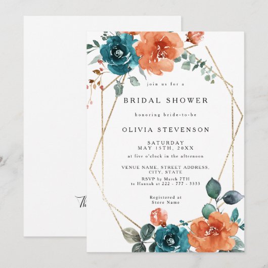 Verbrande Sinaasappel Blauwgroen Gouden Bruidsdouc Kaart (Voorkant / Achterkant)