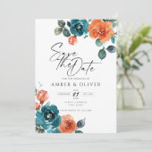 Verbrande Sinaasappel Blauwgroen Waterverf Bloemen Kaart (Staand voorkant)