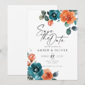 Verbrande Sinaasappel Blauwgroen Waterverf Bloemen Kaart (Voorkant / Achterkant)