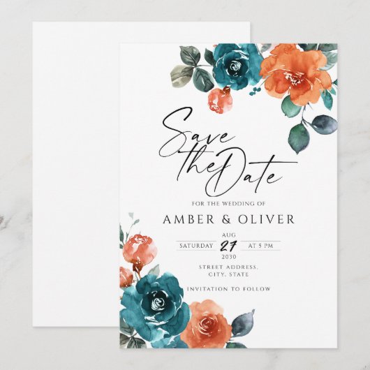 Verbrande Sinaasappel Blauwgroen Waterverf Bloemen Kaart (Voorkant / Achterkant)