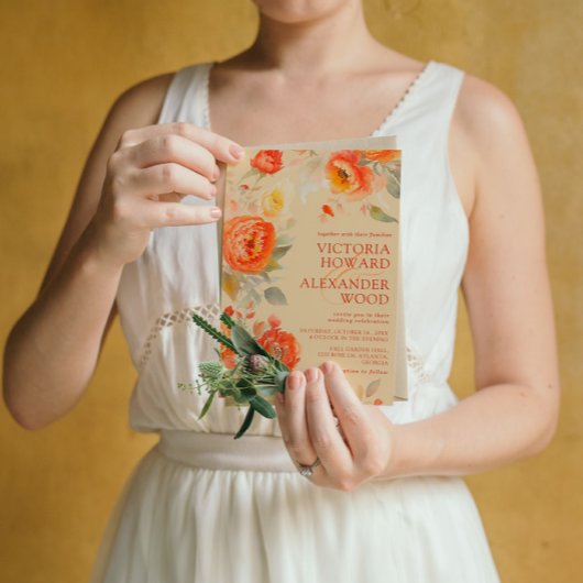 Verbrande Sinaasappel Bloemen Herfst Bruiloft Kaart