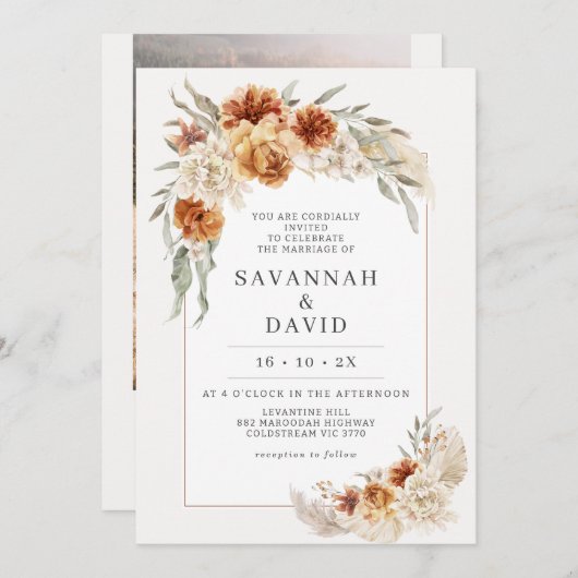 Verbrande Sinaasappel Boho Floral Pampas bruiloft Kaart (Voorkant / Achterkant)