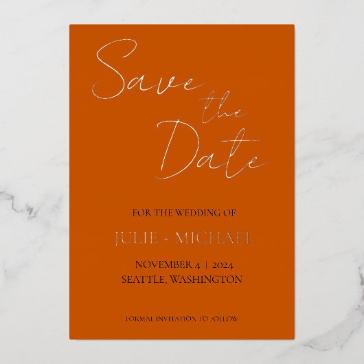 Verbrande Sinaasappel Eenvoudige Stijl Bruiloft Sa Folie Uitnodiging (Voorkant)