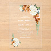 Verbrande Sinaasappel en Witte Roos Bloemen Huweli Acryl Uitnodigingen (Voorkant)