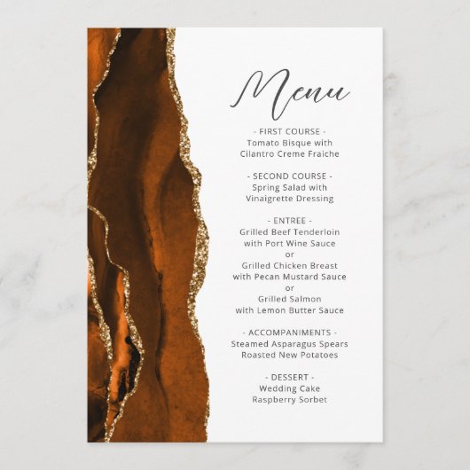 Verbrande Sinaasappel Gold Agate Script Wedding Menu (Voorkant)