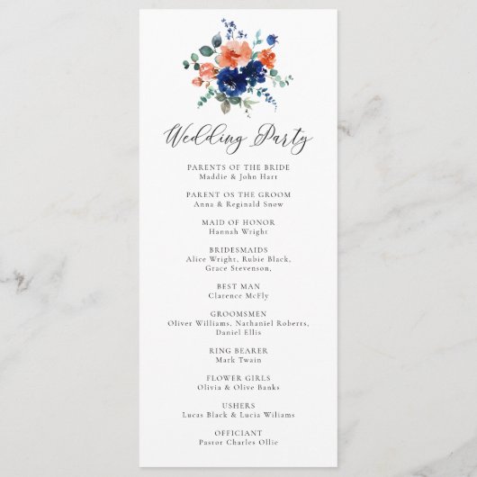 Verbrande Sinaasappel Navy Bloemen Rustieke Waterv Programmakaart (Achterkant)