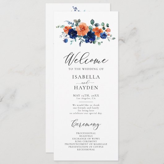 Verbrande Sinaasappel Navy Bloemen Rustieke Waterv Programmakaart (Voorkant / Achterkant)