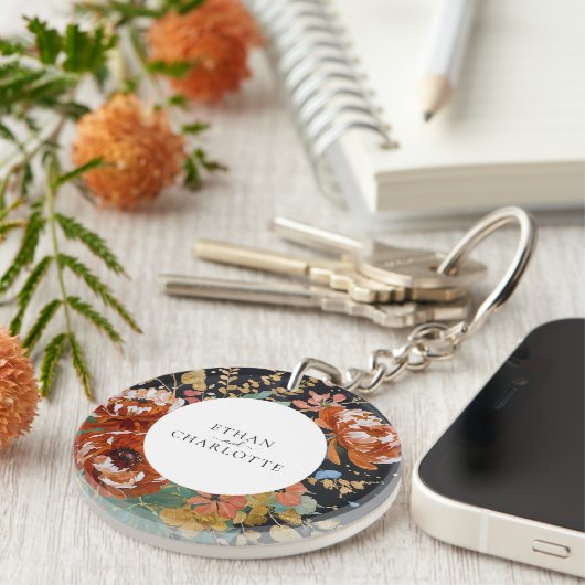 Verbrande Sinaasappel pioenen Bloemenschilderij Go Sleutelhanger (Voorkant Rechts)