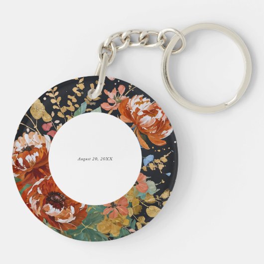 Verbrande Sinaasappel pioenen Bloemenschilderij Go Sleutelhanger (Achterkant)