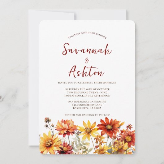 Verbrande Sinaasappel Rust Bloemen Vallen Bruiloft Kaart (Voorkant)