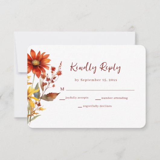 Verbrande Sinaasappel Rust Bloemen Vallen Bruiloft RSVP Kaartje (Voorkant)