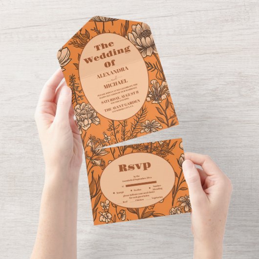Verbrande Sinaasappel Wildflower bruiloft All In One Uitnodiging (Afscheurbaar)