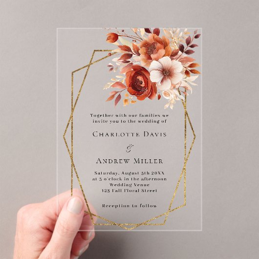 Verbrande sinaasappels bloemen goud geometrische h acryl uitnodigingen (Insitu (Draagbaar))