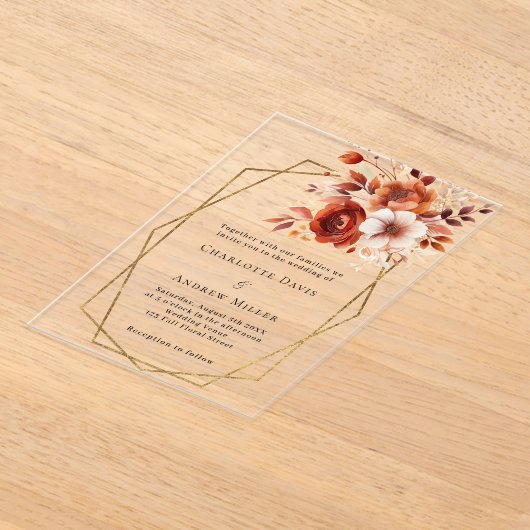 Verbrande sinaasappels bloemen goud geometrische h acryl uitnodigingen (Laagn)