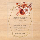 Verbrande sinaasappels bloemen goud geometrische h acryl uitnodigingen (Voorkant)