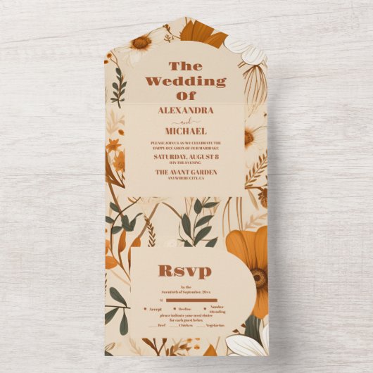 Verbrande Sinaasappels Waterverf Wildbloemen Bruil All In One Uitnodiging (Binnen)