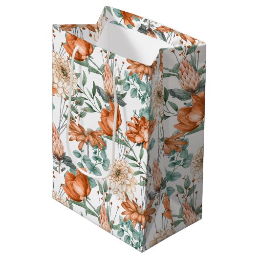 Verbrandend Oranje flessengroen botanisch patroon Medium Cadeauzakje (Voorkant Gekanteld)