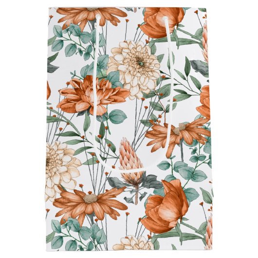 Verbrandend Oranje flessengroen botanisch patroon Medium Cadeauzakje (Achterkant)