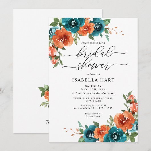 Verbrandend Sinaasappel Blauwgroen Waterverf Vrijg Kaart (Voorkant / Achterkant)