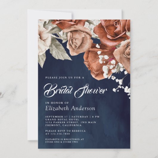 Verbrandend Sinaasappel Terracotta Floral Navy Vri Kaart (Voorkant)