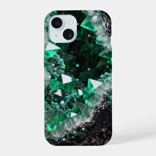 Verbrokkelde Smaragd Geode Hart iPhone 15 Case (Achterkant)
