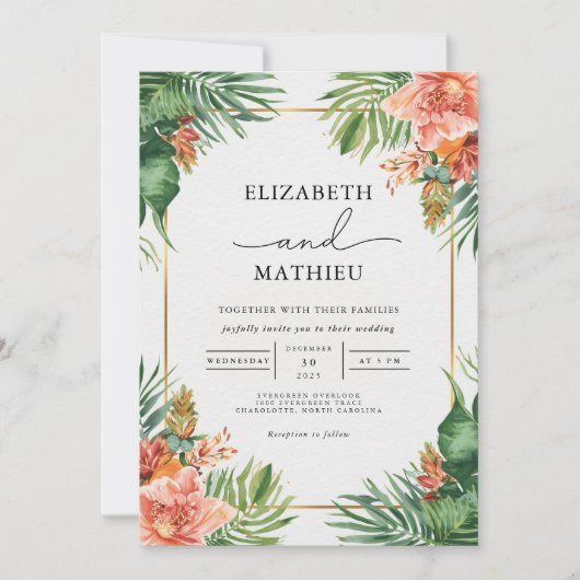 Verdant Palms & Coral Blooms Wedding Kaart (Voorkant)