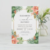Verdant Palms & Coral Blooms Wedding Kaart (Staand voorkant)