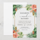 Verdant Palms & Coral Blooms Wedding Kaart (Voorkant / Achterkant)