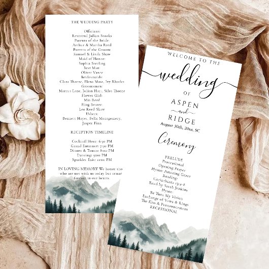 Verdant Peaks Mountain Wedding Program Programmakaart