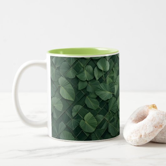 Verdant Rhythm: Tropical Leaf Grid Tweekleurige Koffiemok (Met donut)