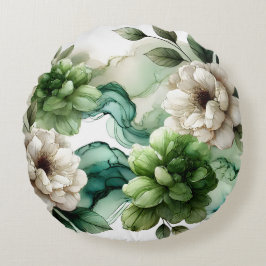 Verdant Serenity: Abstracte groene bloemkunst Rond Kussen