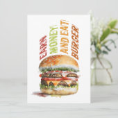 Verdien geld en eet hamburger, humoristisch hambur aankondiging (Staand voorkant)