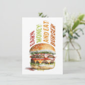 Verdien geld en eet hamburger, humoristisch hambur bedankkaart (Staand voorkant)