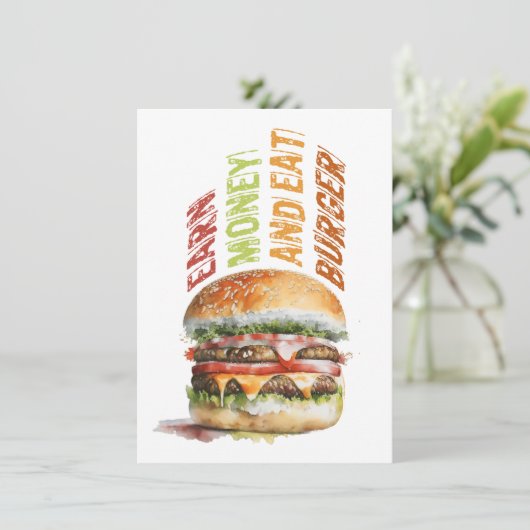 Verdien geld en eet hamburger, humoristisch hambur bedankkaart (Staand voorkant)