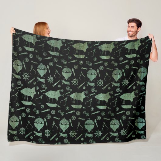 Verdigris Bronze Steampunk Airships Theme Fleece Deken (In situ)