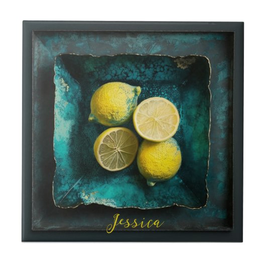 Verdigris en Lemons op een vierkant Bord Tegeltje (Voorkant)