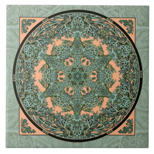 Verdigris Leaf Mandala Ceramic Tile Tegeltje (Voorkant)