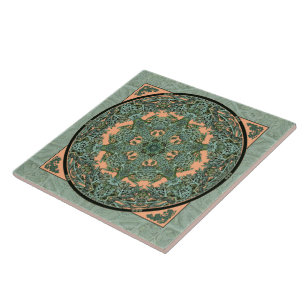 Verdigris Leaf Mandala Ceramic Tile Tegeltje