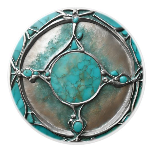 Verdigris Turquoise & Silver Art Deco Keramische Knop (Voorkant)