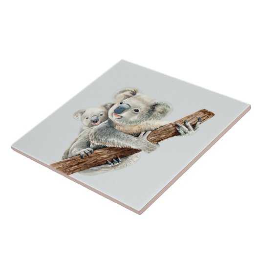 Verdomd mam en Baby waterverf Koala op lichtgrijs Tegeltje (Zijkant)