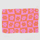Verdraaide geblokte retro bloemen roze Sinaasappel Golfhanddoek (Horizontaal)