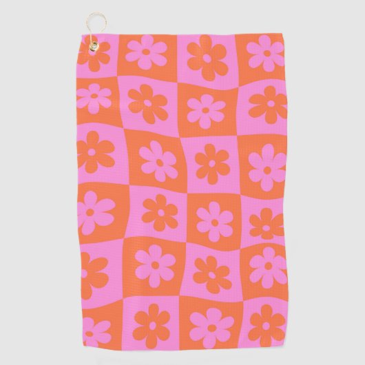Verdraaide geblokte retro bloemen roze Sinaasappel Golfhanddoek (Voorkant)