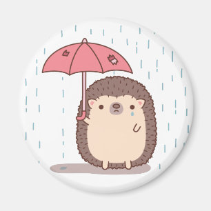 Verdrietige Egel In Regen Met Gescheurde Paraplu Magneet