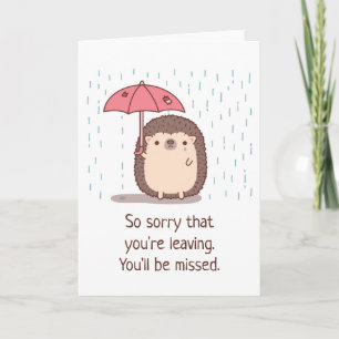 Verdrietige egel met paraplu in de regen, afscheid kaart