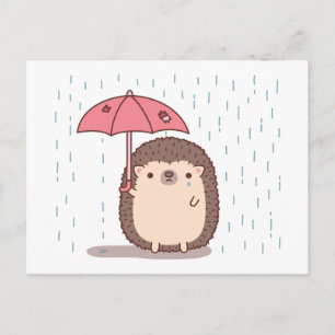 Verdrietige egel met paraplu in de regen briefkaart